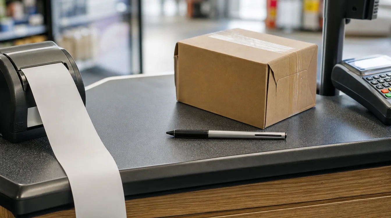 Ladentheke mit leerem Beleg, Stift und Paket zum Euro-Checkout