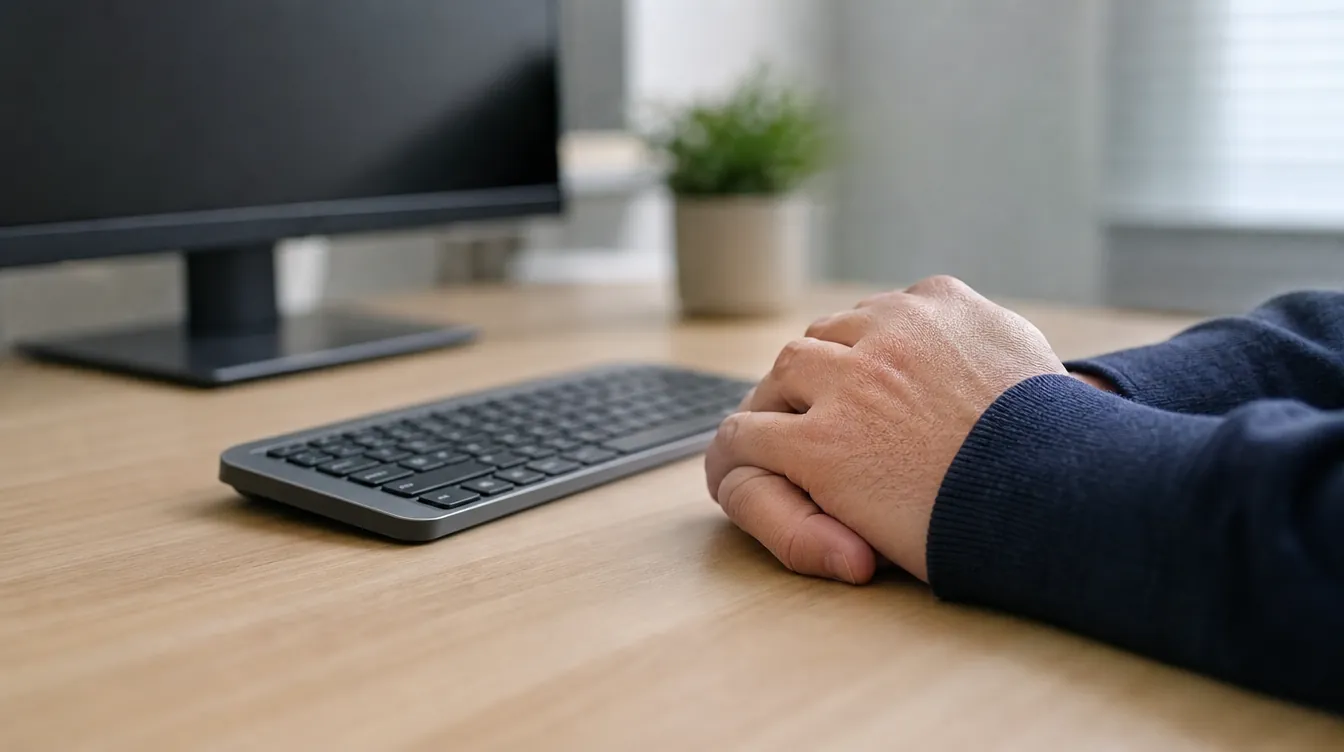 Copilot: Hände neben der Tastatur, Monitor abgewandt und unscharf