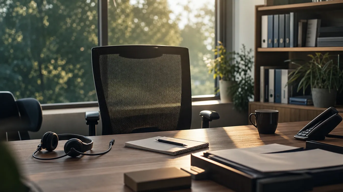 Copilot: leerer Bürostuhl und Headset, niemand am Platz