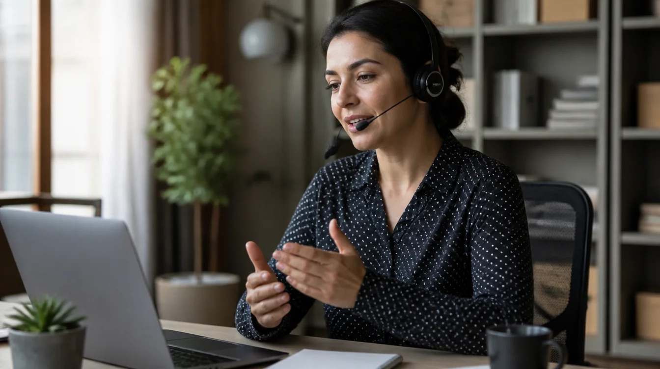 Mitarbeiterin im Kundenservice mit Headset am Laptop
