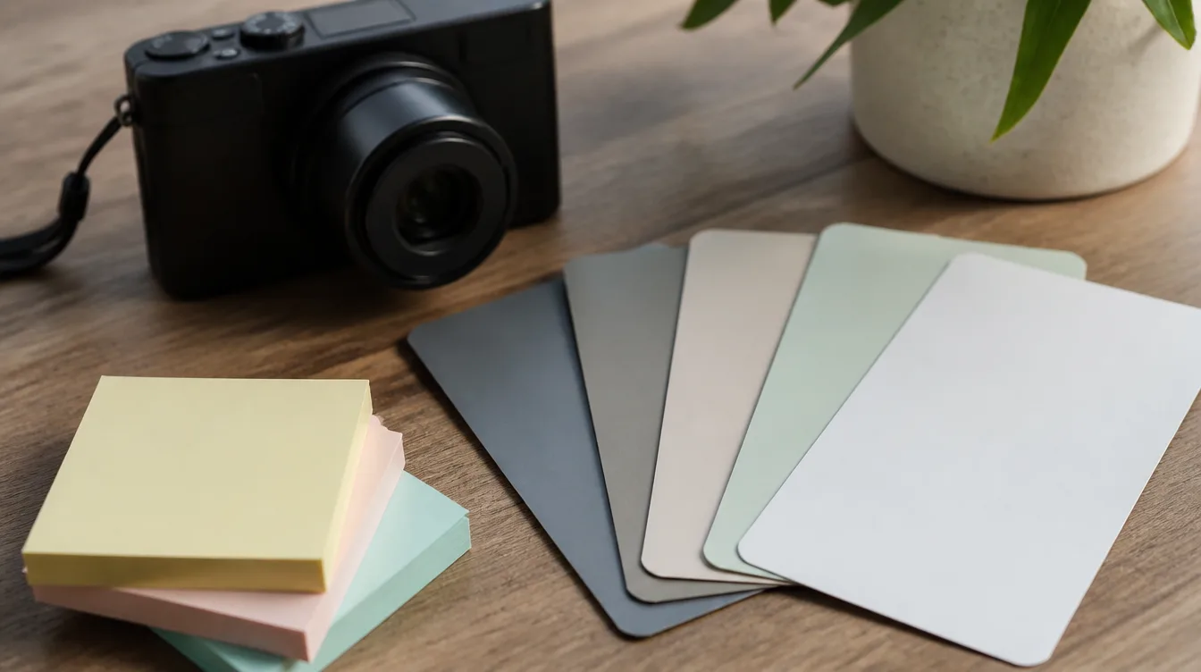 Adobe: Farbmuster und Sticky Notes neben Kamera ohne UI-Text