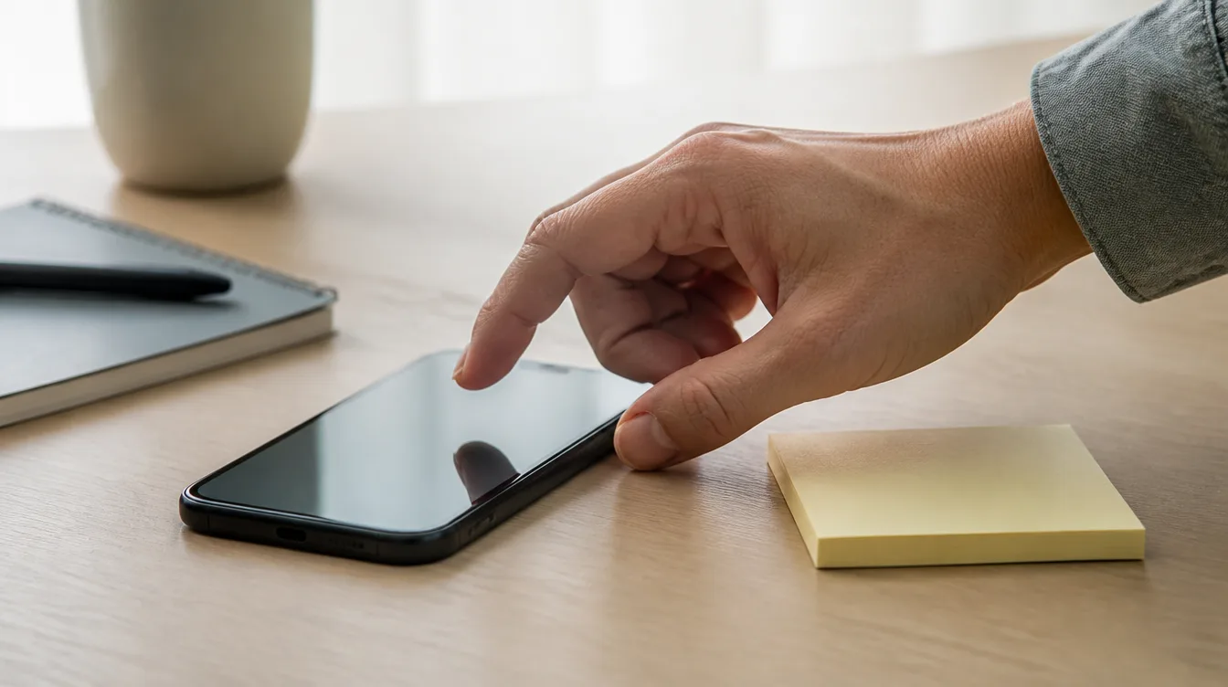 Shopify: Hand über Smartphone-Bestätigung neben leerem Notizblock