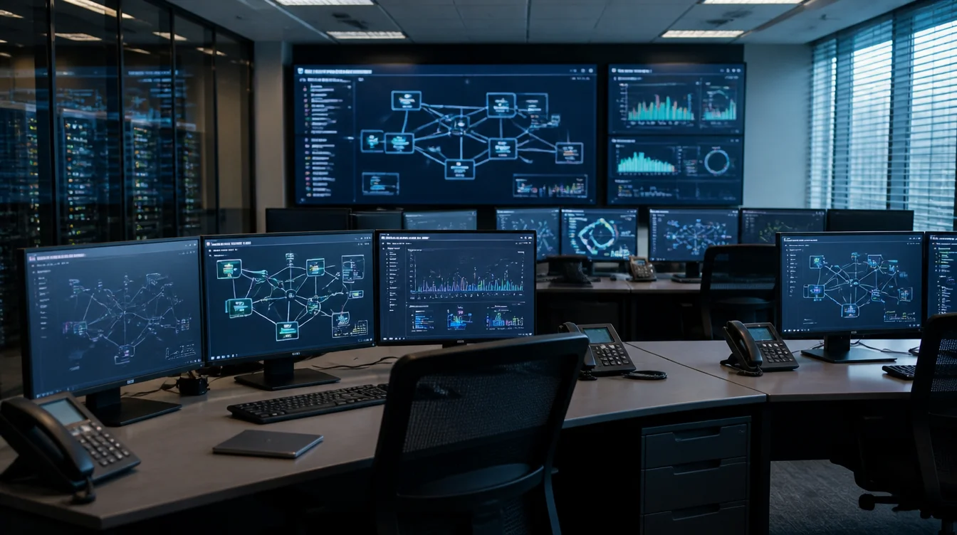 Operations-Raum einer Bank mit Netzwerkdiagrammen zur Kernbank-Modernisierung