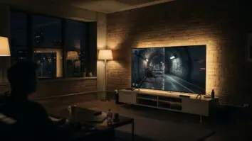 Eine Person prüft Leistungsoptionen eines PS5-Spiels im Wohnzimmer.