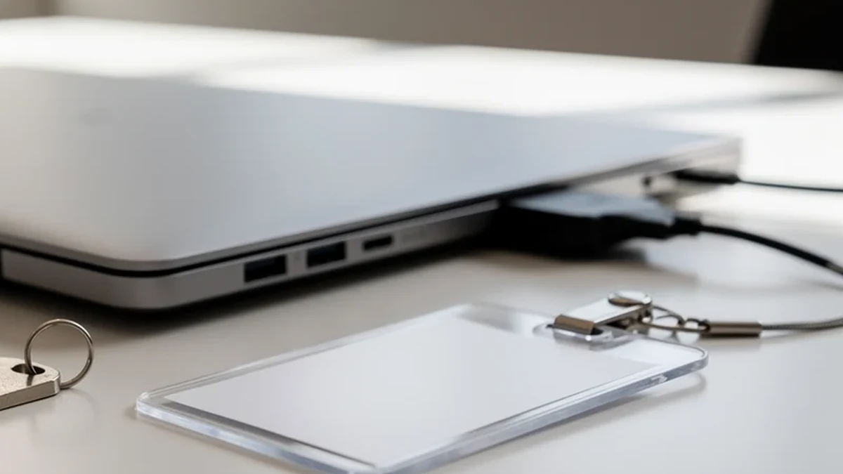 Ein Sicherheitsschlüssel liegt neben einem Dienstausweis und einem geschlossenen Laptop.