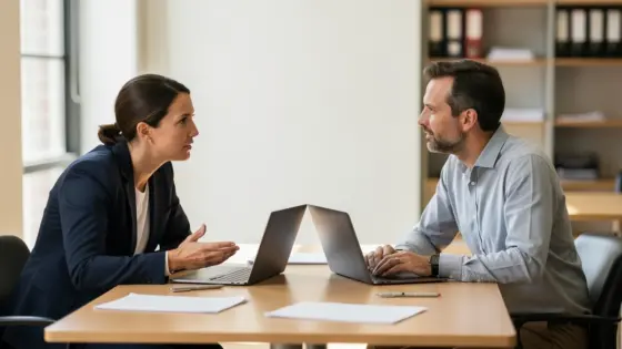 Zwei Verantwortliche besprechen den Zahlungsbetrieb in einem Hochschulbüro.