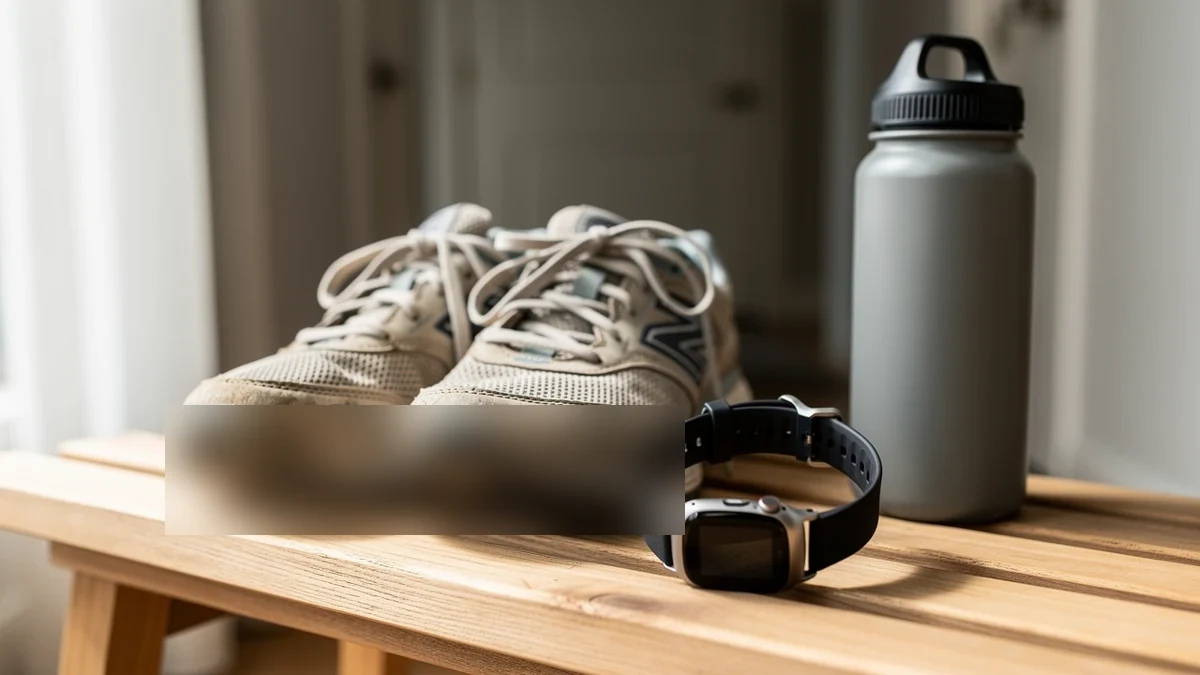 Eine Smartwatch liegt neben Laufschuhen und einer Trinkflasche.