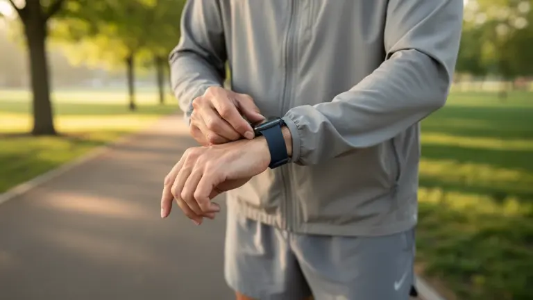 Eine Person legt vor einem Spaziergang eine Smartwatch an.