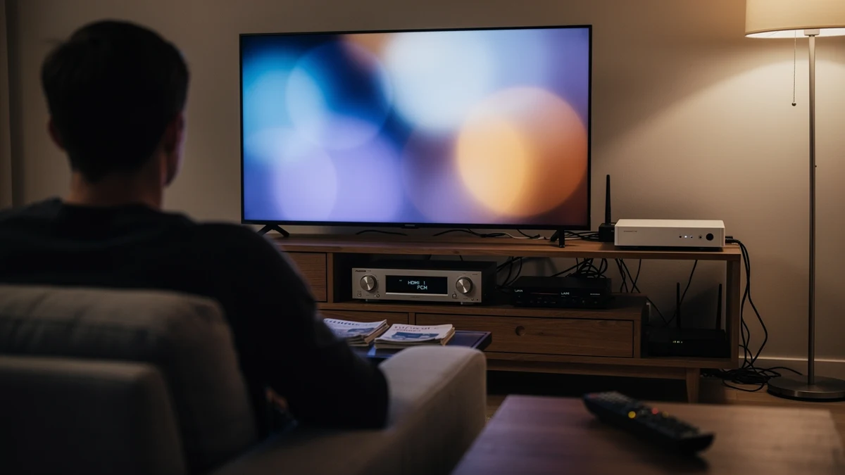 Eine Person sitzt vor einem Fernseher neben einer weißen Spielkonsole.