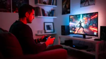 Eine Person richtet an einem Schreibtisch die Steuerung eines PS5-Actionspiels ein.
