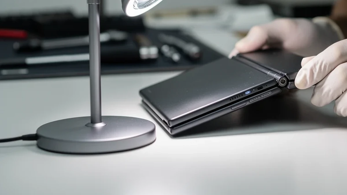 Ein Techniker prüft das Scharnier eines geschlossenen Falt-Smartphones.