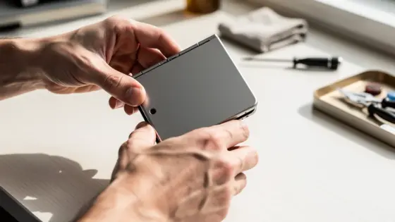 Eine Person setzt ein geschlossenes Falt-Smartphone in eine Schutzhülle.