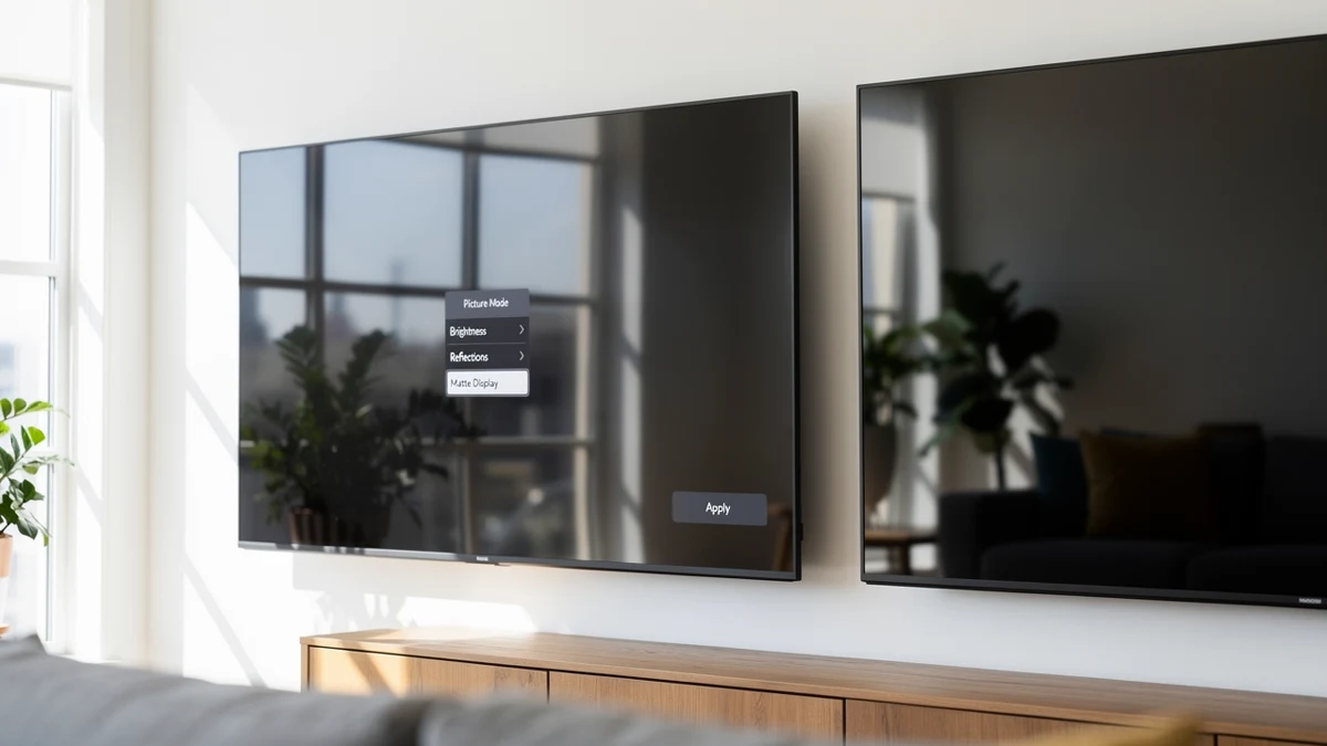 Eine matte Fernseheroberfläche wird in einem hellen Raum aus seitlicher Perspektive betrachtet.