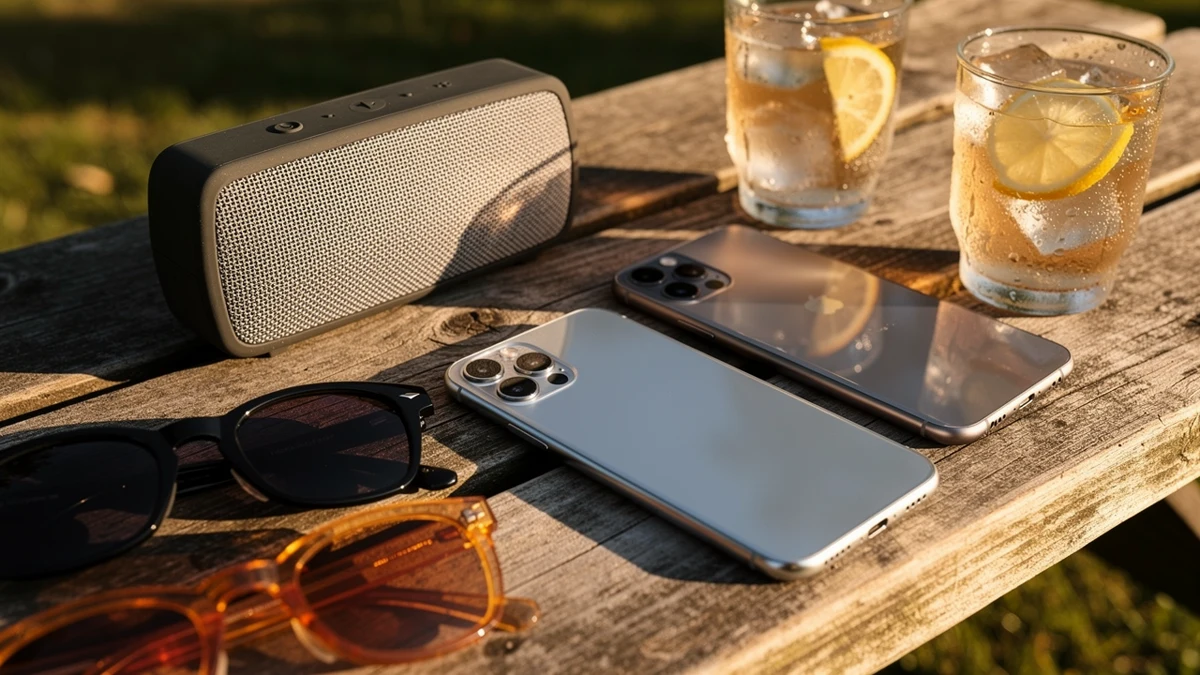 Zwei Smartphones liegen neben einem kleinen Lautsprecher auf einem Picknicktisch.