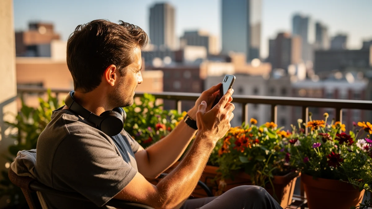 Eine Person wählt auf dem Balkon eine Sommerplaylist aus.