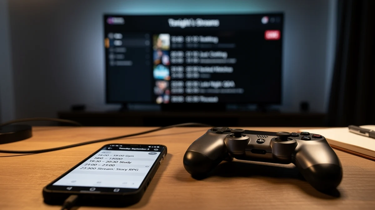 Ein Smartphone-Kalender liegt neben einem Controller vor einem Livestream-Zeitplan.