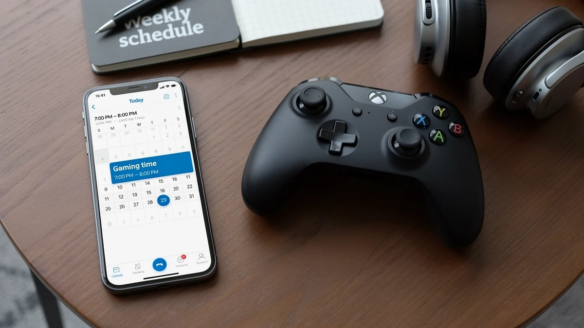 Ein Smartphone liegt neben Xbox-Controller und Kopfhörern auf einem Tisch.