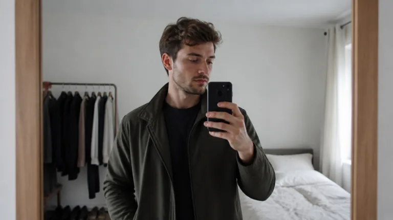 ChatGPT: Person macht ein Spiegel-Selfie in einer neutralen Jacke, Kleiderstange im Hintergrund