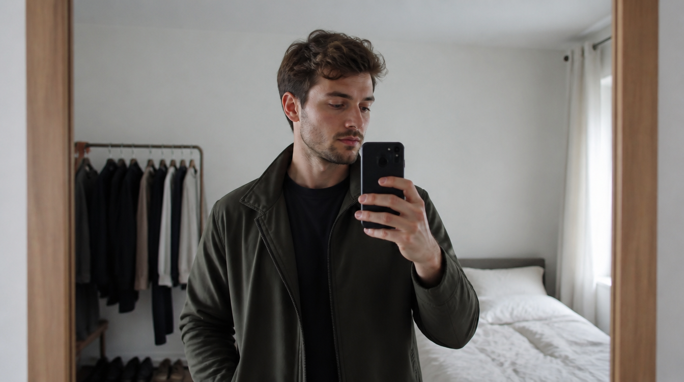 ChatGPT: Person macht ein Spiegel-Selfie in einer neutralen Jacke, Kleiderstange im Hintergrund