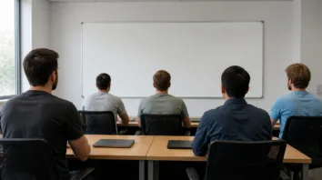 Claude: Engineers von hinten in einem Schulungsraum vor einem leeren Whiteboard
