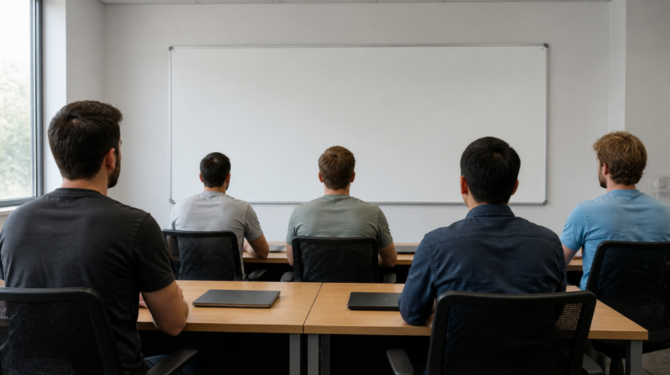 Claude: Engineers von hinten in einem Schulungsraum vor einem leeren Whiteboard