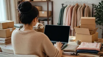 Shopify: Shop-Betreiberin am Laptop zwischen Versandkartons und Stoffen