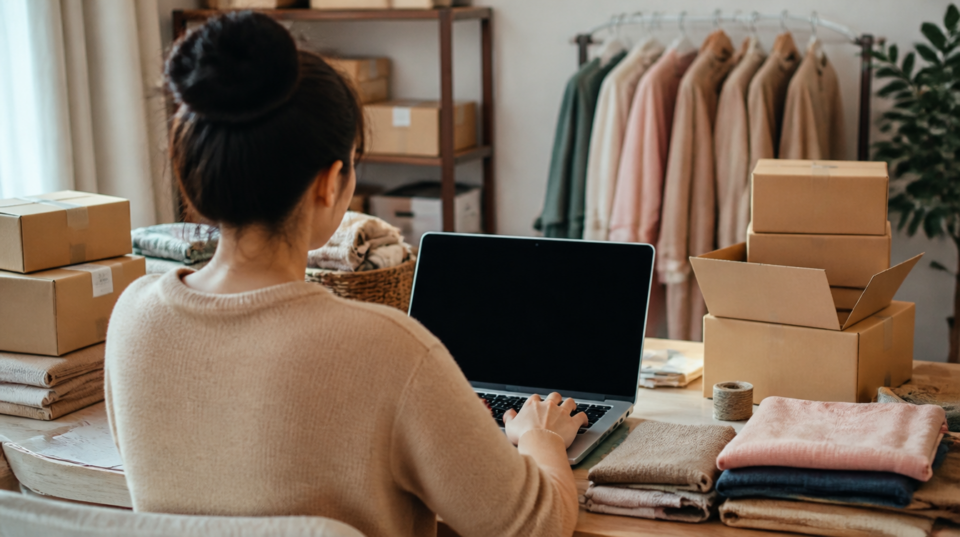Shopify: Shop-Betreiberin am Laptop zwischen Versandkartons und Stoffen