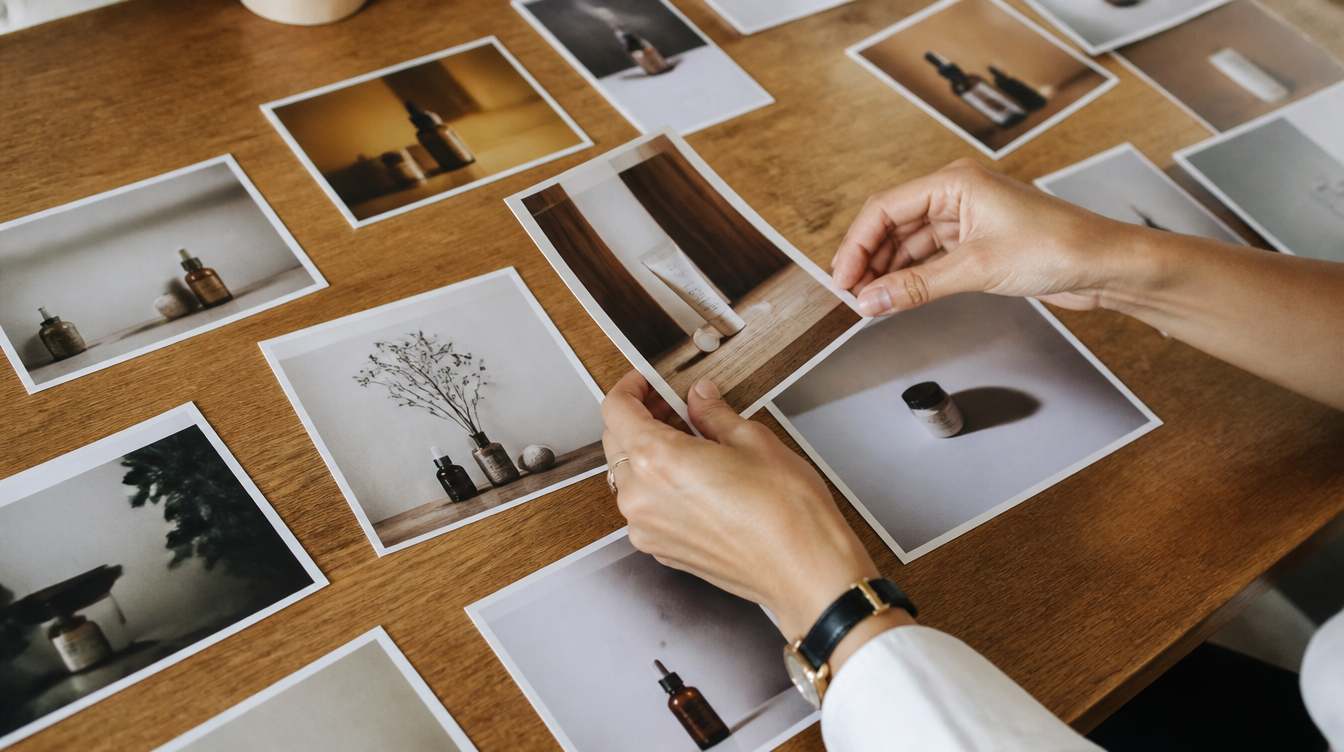 Shopify: Hände sortieren ausgedruckte Produktfotos auf einem Holztisch