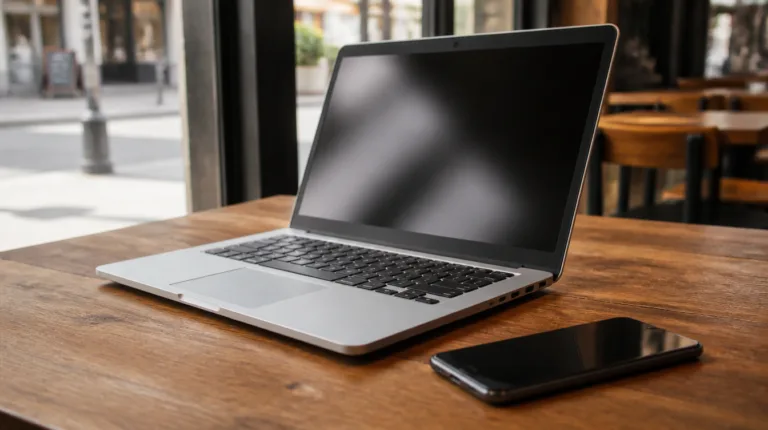 Googlebook: Aufgeklappter Laptop ohne Markenzeichen und Smartphone auf einem Cafétisch