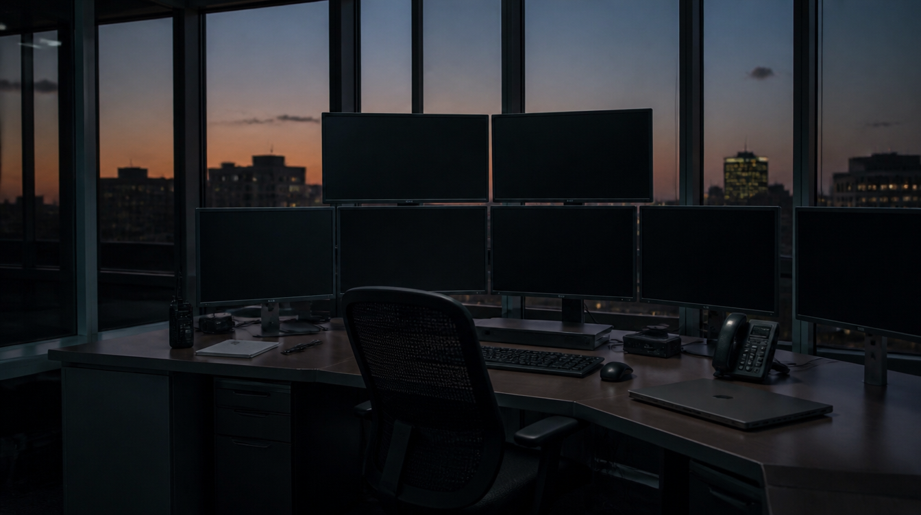 RedFlick: Leeres Security-Operations-Center in der Dämmerung, Monitore aus