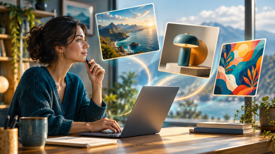 KI-Bilder: Person entwirft Bildideen am Laptop, umgeben von drei visuellen Motiven.
