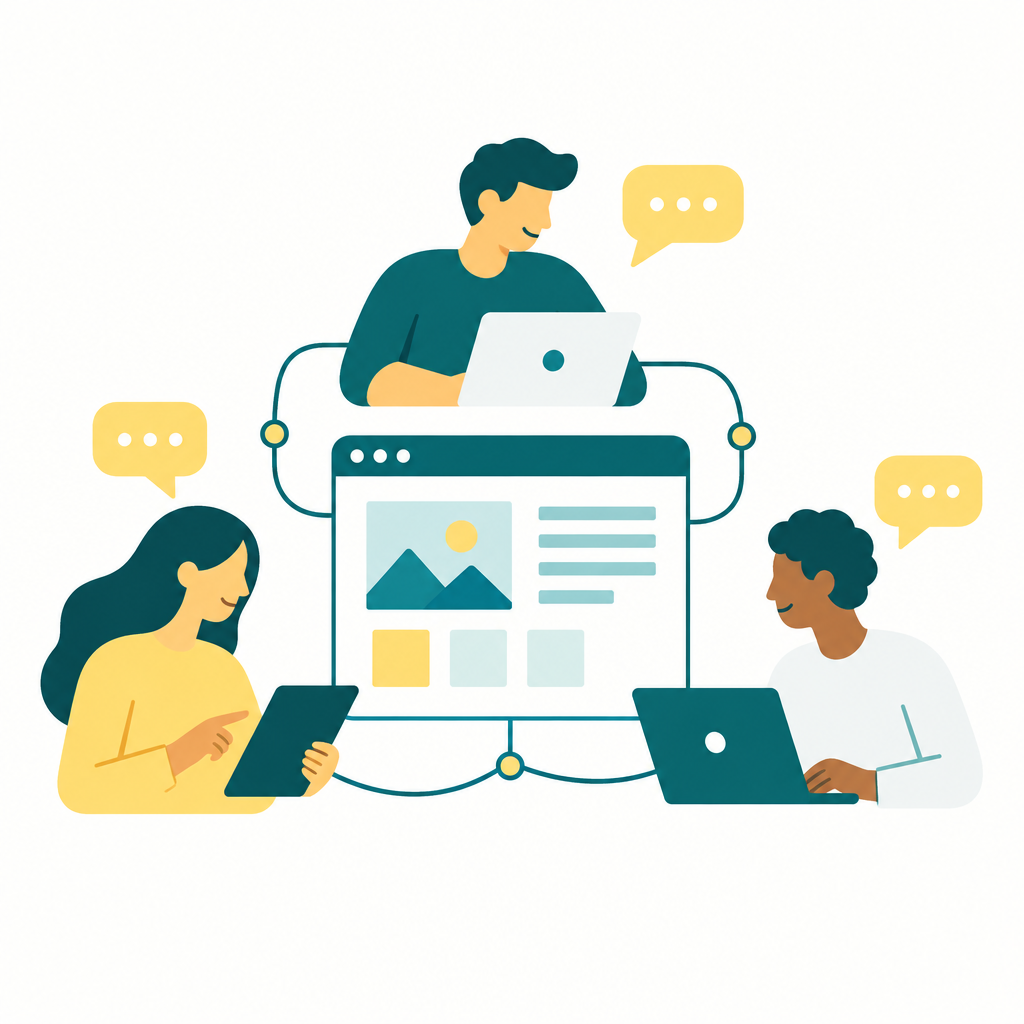 Drei abstrahierte Personen arbeiten gemeinsam an einem digitalen Projekt.