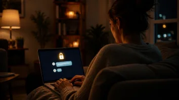 Brave Leo im Alltag: Frau stellt abends am Laptop eine private Frage an den KI-Chat, Schloss-Symbol auf dem Bildschirm
