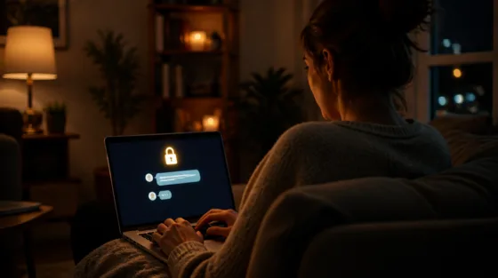 Brave Leo im Alltag: Frau stellt abends am Laptop eine private Frage an den KI-Chat, Schloss-Symbol auf dem Bildschirm