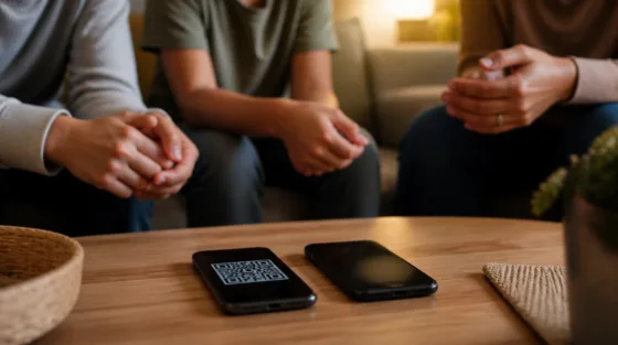 Zwei Smartphones nebeneinander, eines zeigt einen QR-Code für die Spotify-Prüfung des Familienabos.