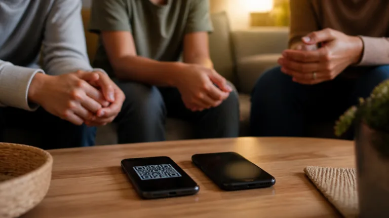 Zwei Smartphones nebeneinander, eines zeigt einen QR-Code für die Spotify-Prüfung des Familienabos.