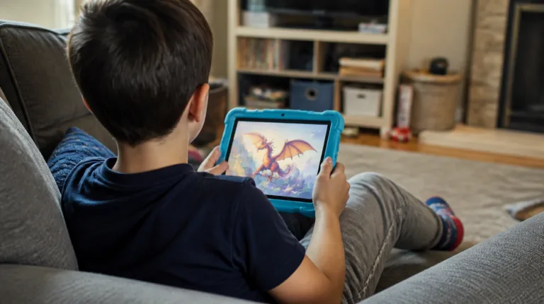 Kids: Kind diktiert mit dem Storybuilder ein Drachen-Bilderbuch auf einem Kinder-Tablet in Schutzhülle, Sofa am Samstagvormittag
