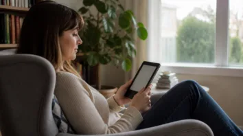 Person liest E-Books auf einem E-Reader in einem Sessel am Fenster