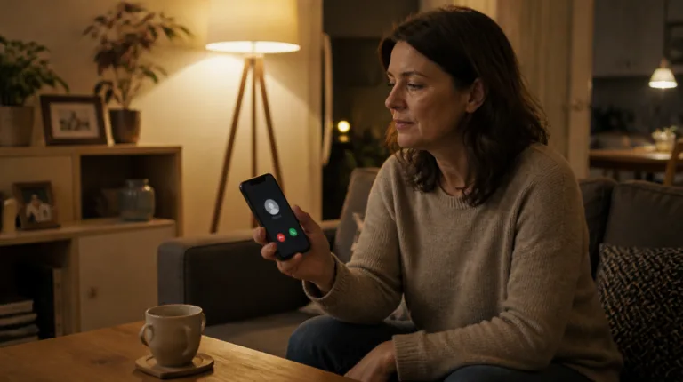 Phishing: Frau auf dem Sofa zögert am Freitagabend, einen Anruf auf dem Smartphone anzunehmen