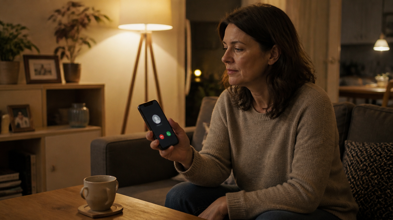 Phishing: Frau auf dem Sofa zögert am Freitagabend, einen Anruf auf dem Smartphone anzunehmen