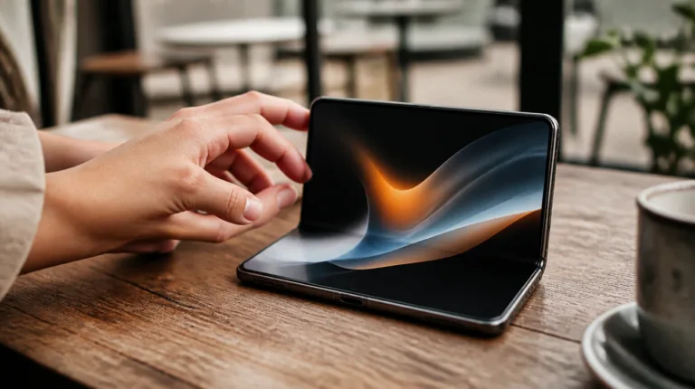 Aufgeklapptes iPhone Duo als faltbares Smartphone auf einem Holztisch im Café