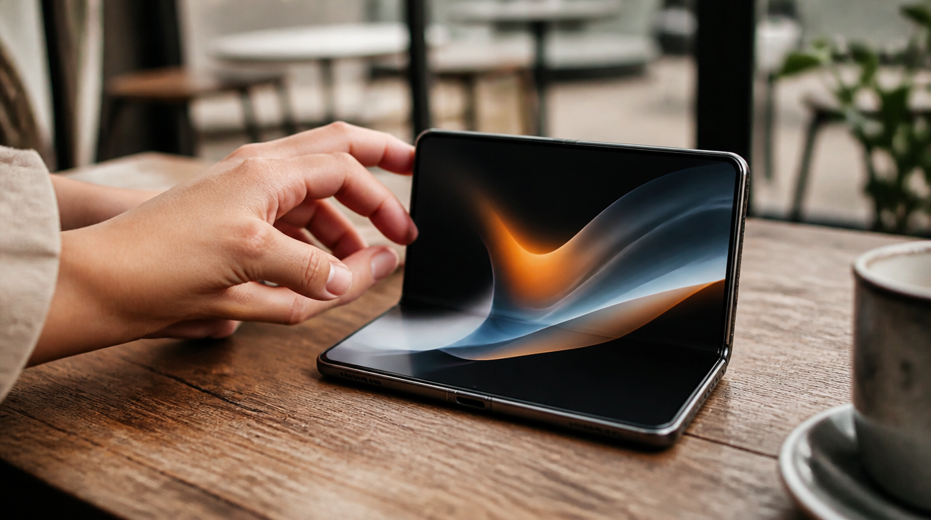 Aufgeklapptes iPhone Duo als faltbares Smartphone auf einem Holztisch im Café