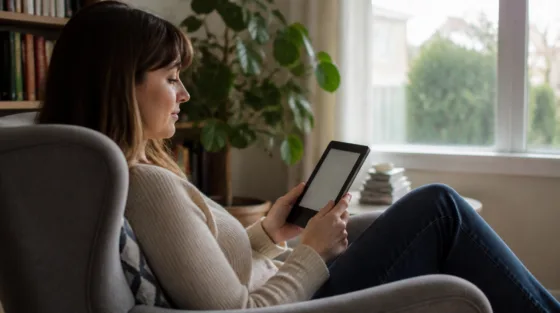 Person liest E-Books auf einem E-Reader in einem Sessel am Fenster