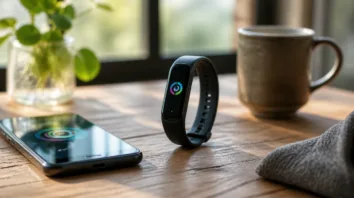 Fitbit Edge Fitnessarmband auf dem Schreibtisch neben Smartphone mit Health-App