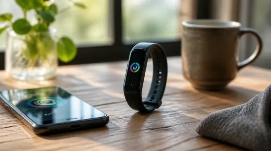 Fitbit Edge Fitnessarmband auf dem Schreibtisch neben Smartphone mit Health-App
