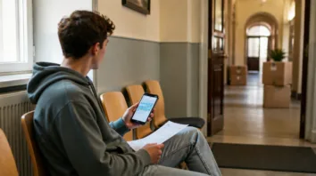 Person im Wartebereich des Bürgeramts mit online gebuchtem Termin auf dem Smartphone und Papierformular