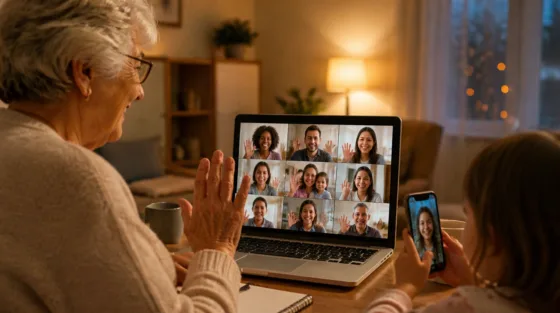 WhatsApp-Gruppenanruf im Browser: Großmutter am Laptop mit vielen Familiengesichtern