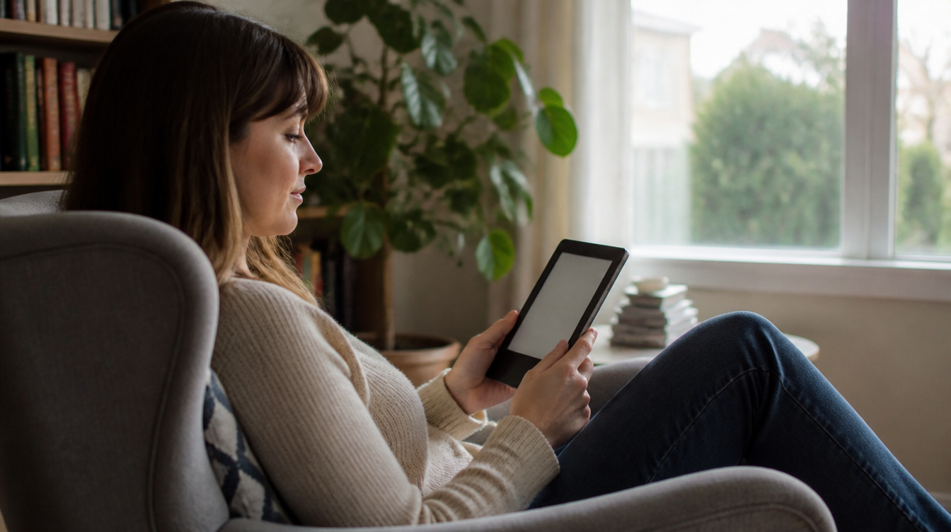 Person liest E-Books auf einem E-Reader in einem Sessel am Fenster