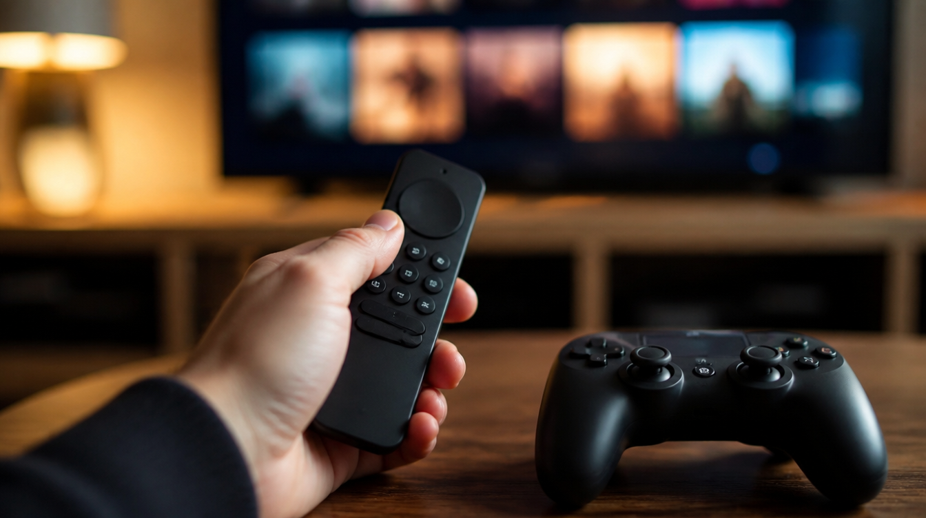Luna mit Prime auf Fire TV: Hand mit Fernbedienung und Controller vor dem Fernseher