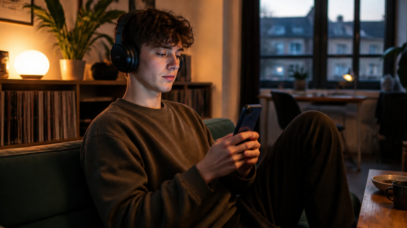 Spotify Familienabo: junger Erwachsener mit Kopfhörern in der eigenen Wohnung